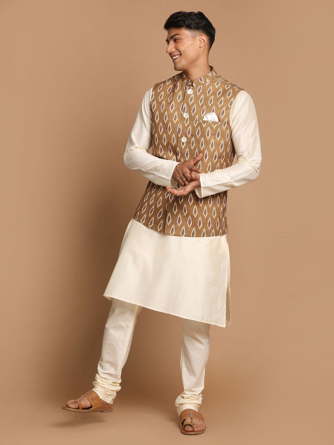 Vastramay Men's Green And Cream Viscose Jacket, Kurta And Pyjama Set - Distacart
