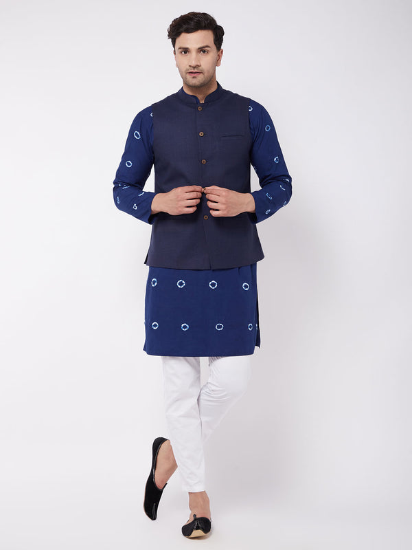 Vastramay Men's Blue And White Pure Cotton Jacket, Kurta and Pyjama Set - Distacart