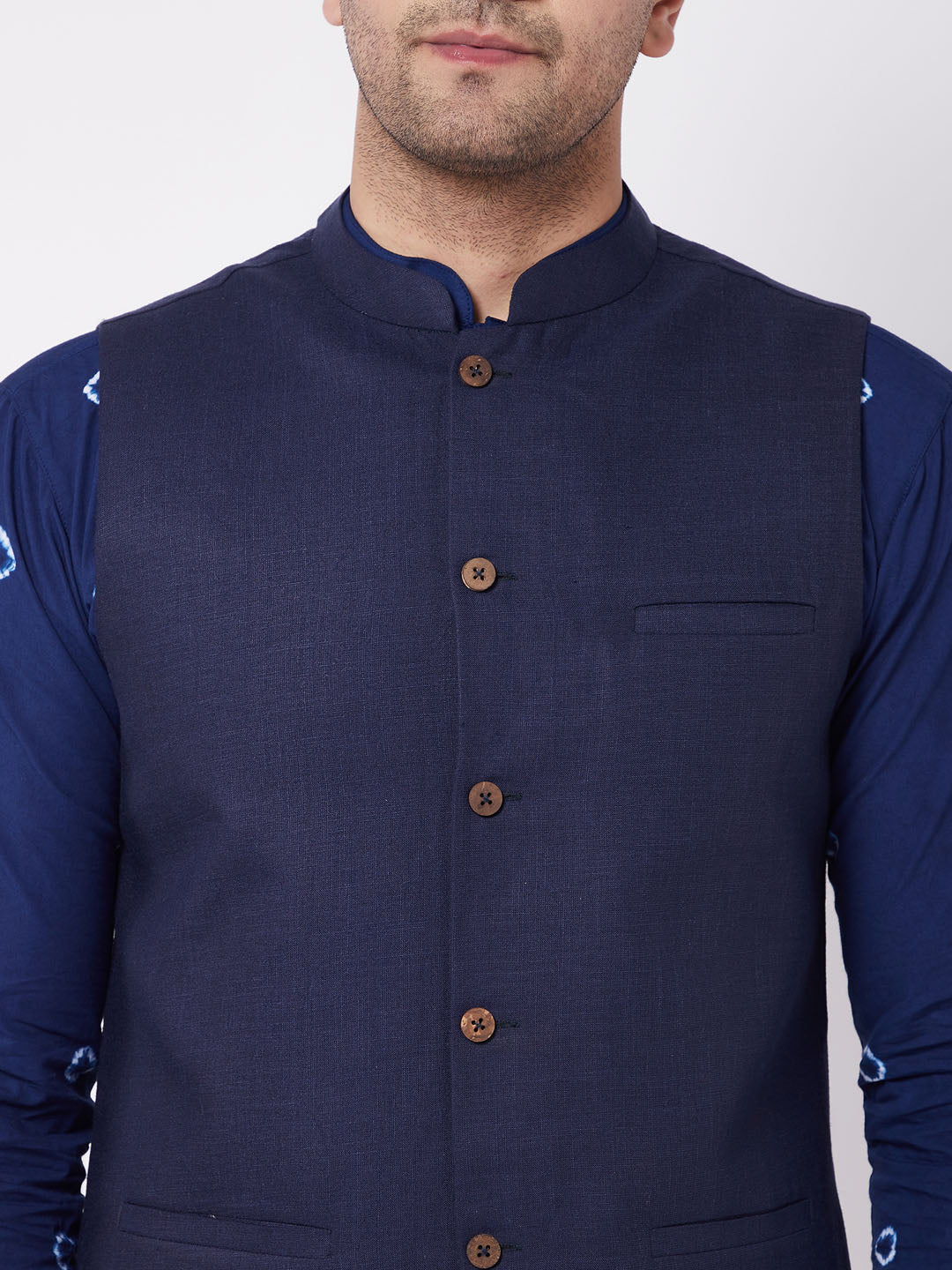 Vastramay Men's Blue And White Pure Cotton Jacket, Kurta and Pyjama Set - Distacart
