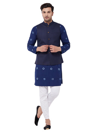 Vastramay Men's Blue And White Pure Cotton Jacket, Kurta and Pyjama Set - Distacart