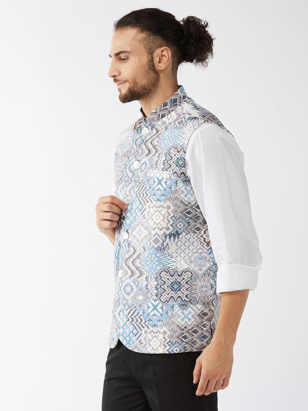 VM by Vastramay Men's Grey And Blue Snake Skin Printed Nehru Jacket - Distacart