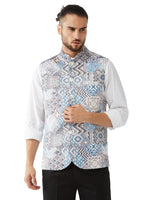 Thumbnail for VM by Vastramay Men's Grey And Blue Snake Skin Printed Nehru Jacket - Distacart