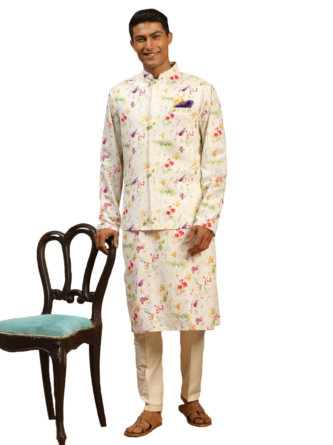 Vastramay Men's Cream Cotton Blend Jacket, Kurta And Pyjama Set - Distacart