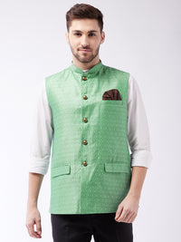Thumbnail for Vastramay Men's Green Silk Blend Nehru Jackets - Distacart