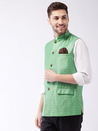 Thumbnail for Vastramay Men's Green Silk Blend Nehru Jackets - Distacart