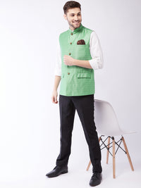 Thumbnail for Vastramay Men's Green Silk Blend Nehru Jackets - Distacart
