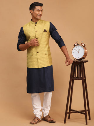 Vastramay Men's Navy Blue, Yellow And White Cotton Blend Jacket, Kurta And Pyjama Set - Distacart