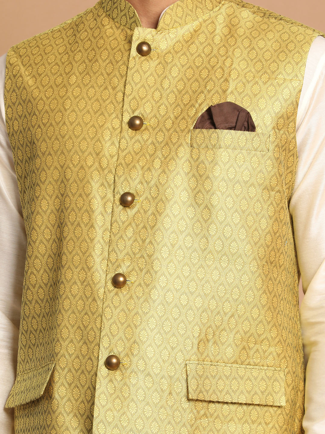 Vastramay Men's Yellow And Cream Viscose Jacket, Kurta And Pyjama Set - Distacart