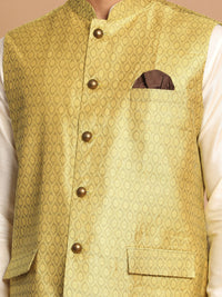 Thumbnail for Vastramay Men's Yellow And Cream Viscose Jacket, Kurta And Pyjama Set - Distacart