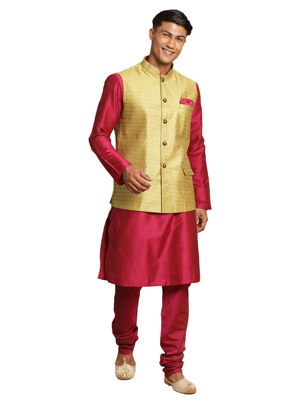 Vastramay Men's Yellow And Pink Viscose Jacket, Kurta And Pyjama Set - Distacart