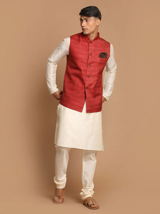 Vastramay Men's Maroon And Cream Viscose Jacket, Kurta And Pyjama Set - Distacart