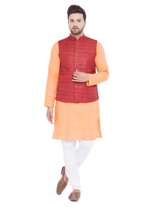 Vastramay Men's Maroon, Fawn And White Cotton Blend Jacket, Kurta and Pyjama Set - Distacart
