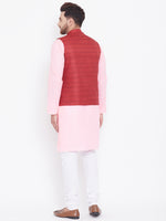 Thumbnail for Vastramay Men's Maroon, Pink And White Cotton Blend Jacket, Kurta and Pyjama Set - Distacart