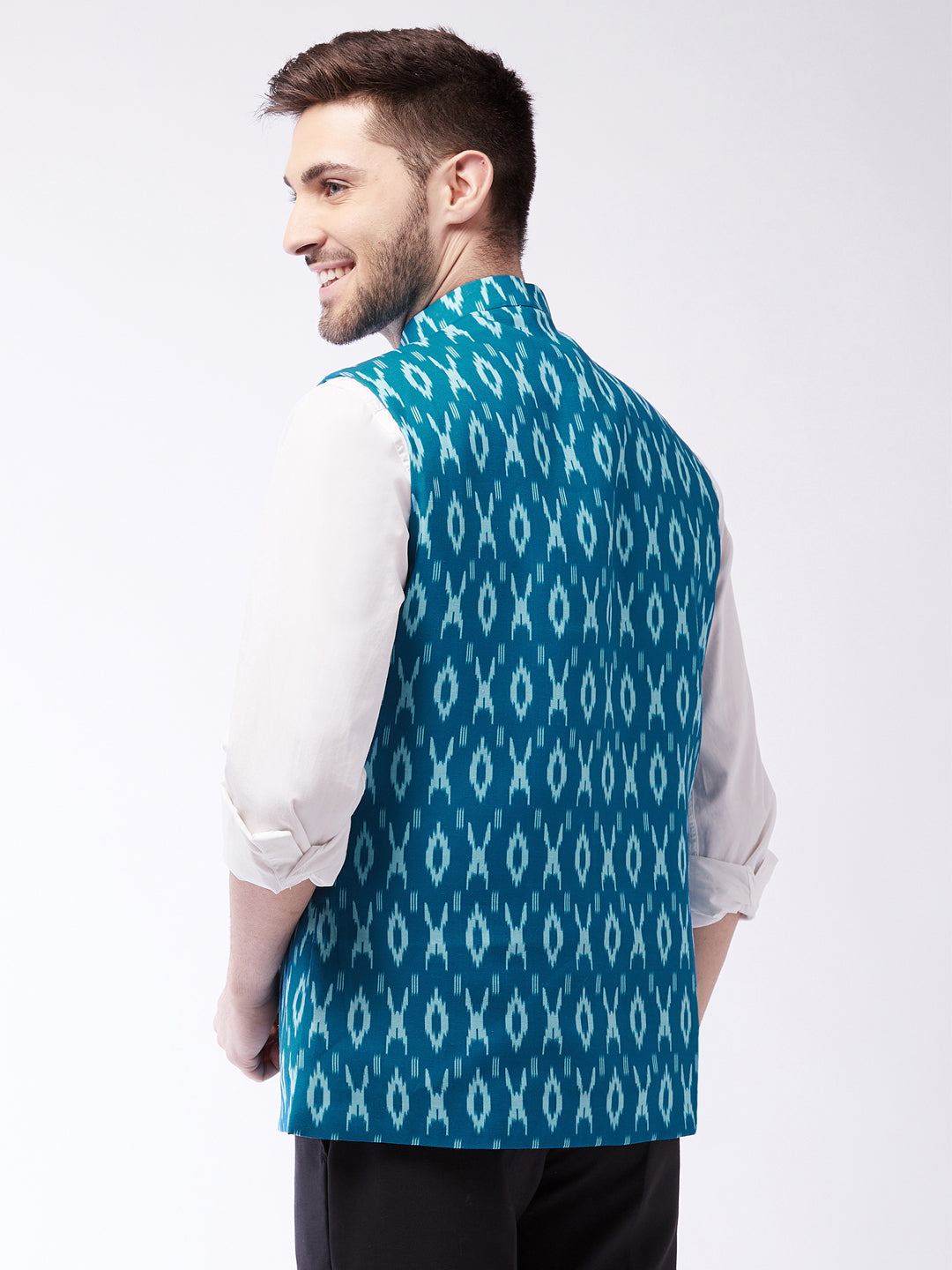 Vastramay Men's Turquoise Cotton Nehru Jacket - Distacart