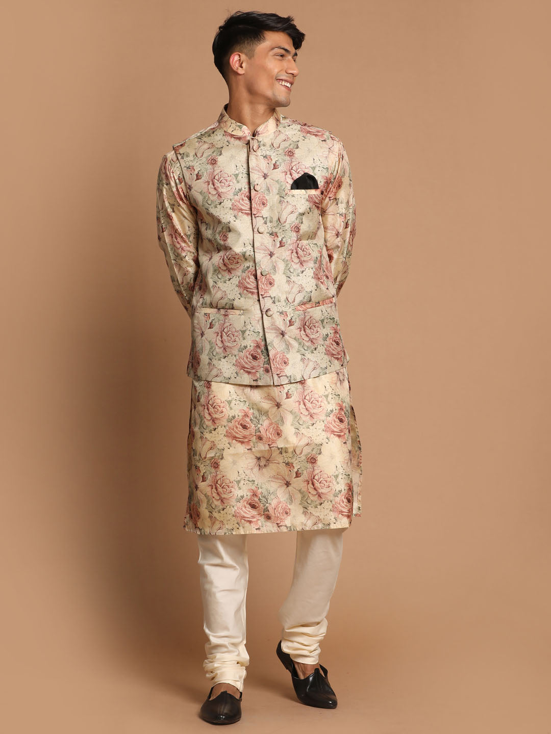 Vastramay Men's Cream And Brown Silk Blend Jacket, Kurta And Pyjama Set - Distacart