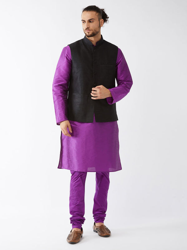 Vastramay Men's Purple Black Silk Blend Jacket, Kurta and Pyjama Set - Distacart