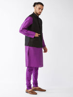 Thumbnail for Vastramay Men's Purple Black Silk Blend Jacket, Kurta and Pyjama Set - Distacart