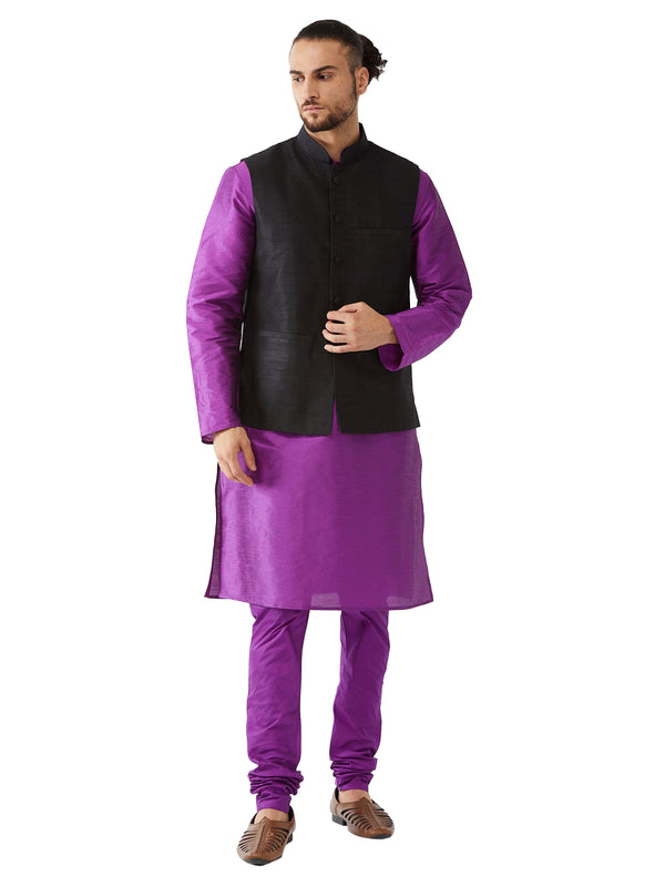 Vastramay Men's Purple Black Silk Blend Jacket, Kurta and Pyjama Set - Distacart
