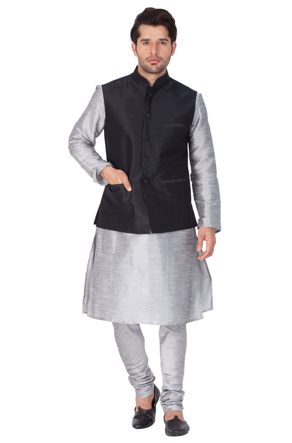 Vastramay Men's Grey Silk Blend Jacket, Kurta and Pyjama Set - Distacart