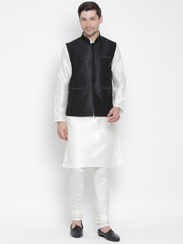 Vastramay Men's White Silk Blend Jacket, Kurta and Pyjama Set - Distacart