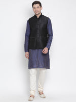 Thumbnail for Vastramay Men's Blue Cotton Silk Jacket, Kurta and Pyjama Set - Distacart