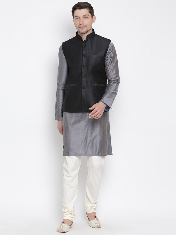 Vastramay Men's Grey Cotton Silk Jacket, Kurta and Pyjama Set - Distacart