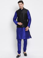 Thumbnail for Vastramay Men's Blue Silk Blend Jacket, Kurta and Pyjama Set - Distacart