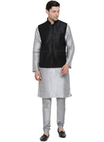 Thumbnail for Vastramay Men's Grey Silk Blend Jacket, Kurta and Pyjama Set - Distacart