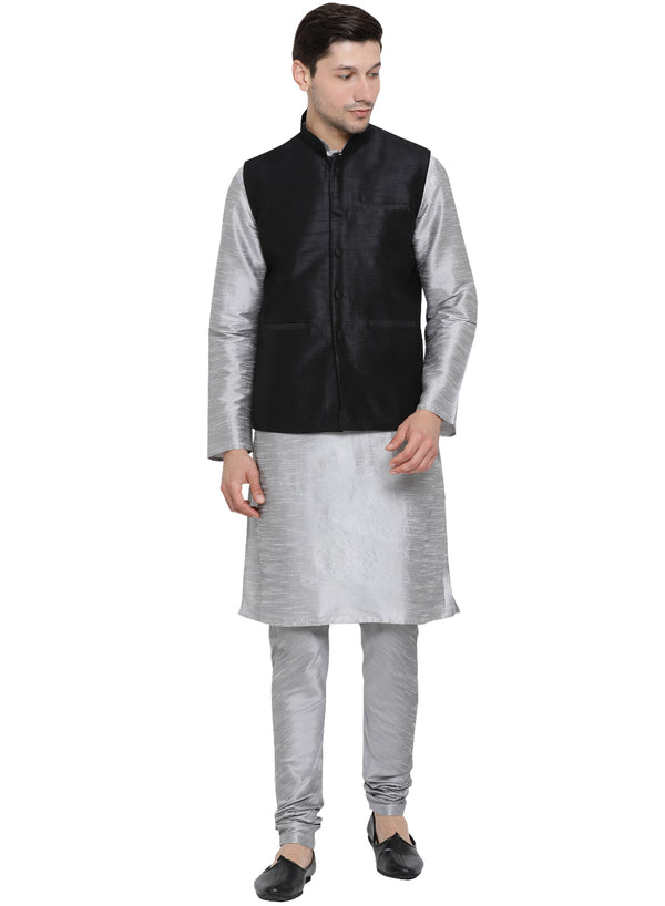 Vastramay Men's Grey Silk Blend Jacket, Kurta and Pyjama Set - Distacart