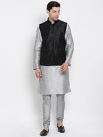 Thumbnail for Vastramay Men's Grey Silk Blend Jacket, Kurta and Pyjama Set - Distacart