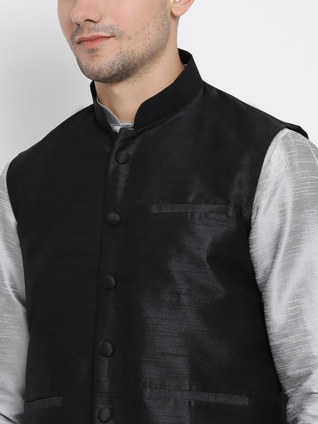 Vastramay Men's Grey Silk Blend Jacket, Kurta and Pyjama Set - Distacart