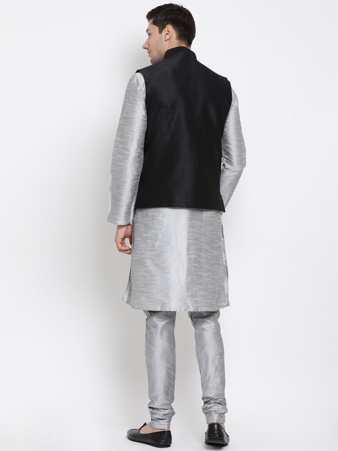 Vastramay Men's Grey Silk Blend Jacket, Kurta and Pyjama Set - Distacart