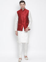 Thumbnail for Vastramay Men's White Silk Blend Jacket, Kurta and Pyjama Set - Distacart