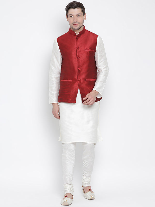 Vastramay Men's White Silk Blend Jacket, Kurta and Pyjama Set - Distacart