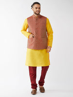 Thumbnail for VM by Vastramay Men's Yellow And Maroon Silk Blend Jacket, Kurta And Pyjama Set - Distacart