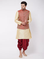 Thumbnail for VM by Vastramay Men's Gold And Maroon Silk Blend Jacket, Kurta And Dhoti Set - Distacart