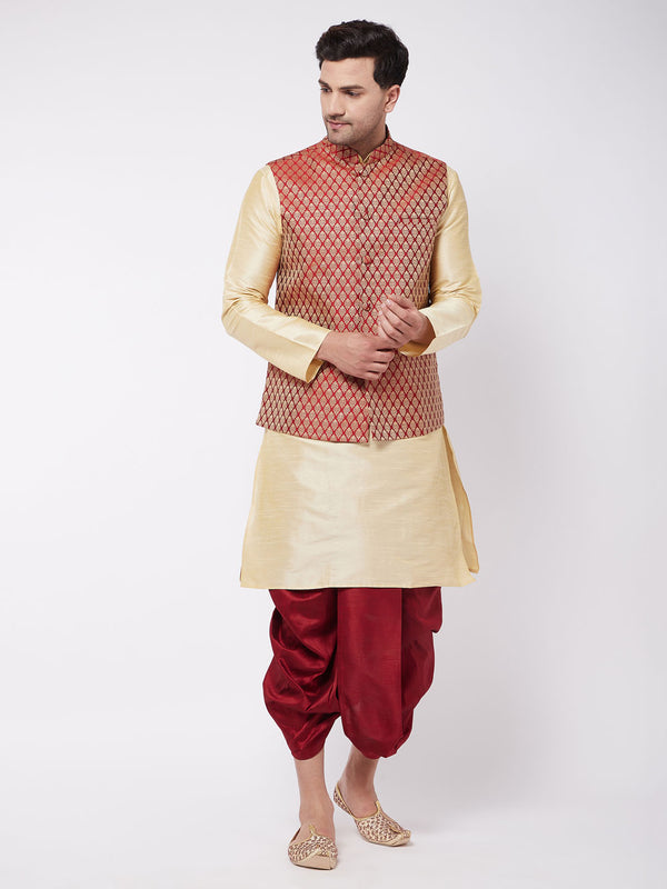 VM by Vastramay Men's Gold And Maroon Silk Blend Jacket, Kurta And Dhoti Set - Distacart