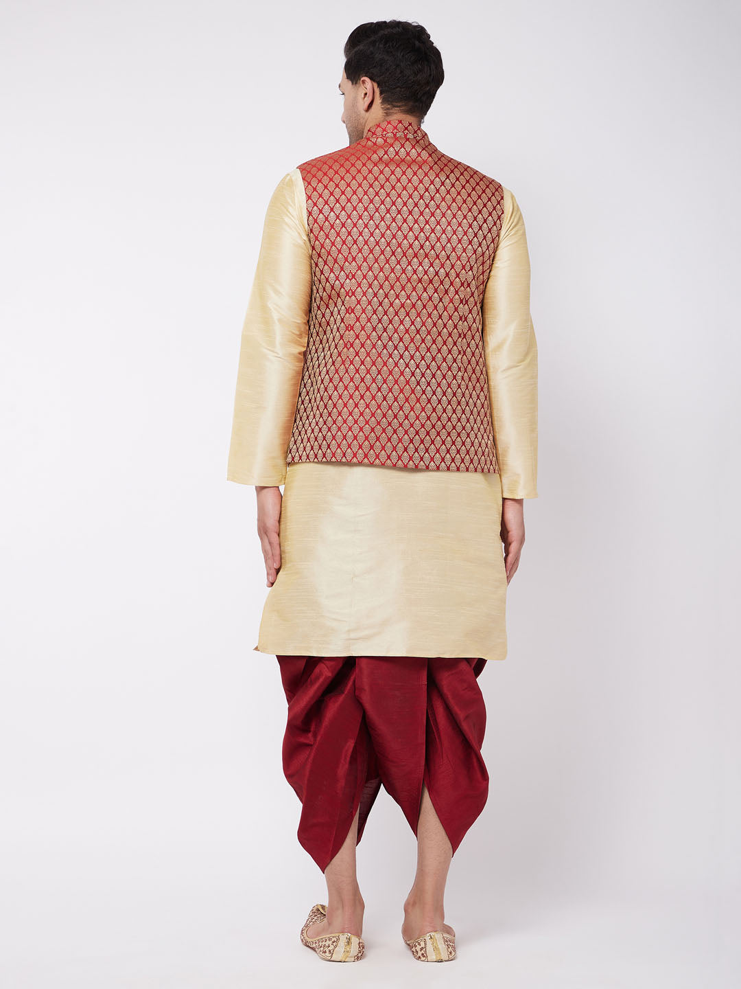 VM by Vastramay Men's Gold And Maroon Silk Blend Jacket, Kurta And Dhoti Set - Distacart