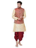Thumbnail for VM by Vastramay Men's Gold And Maroon Silk Blend Jacket, Kurta And Dhoti Set - Distacart