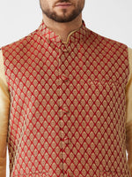 Thumbnail for VM by Vastramay Men's Gold And Maroon Silk Blend Jacket, Kurta And Pyjama Set - Distacart