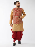 Thumbnail for VM by Vastramay Men's Rose Gold And Maroon Silk Blend Jacket, Kurta And Dhoti Set - Distacart