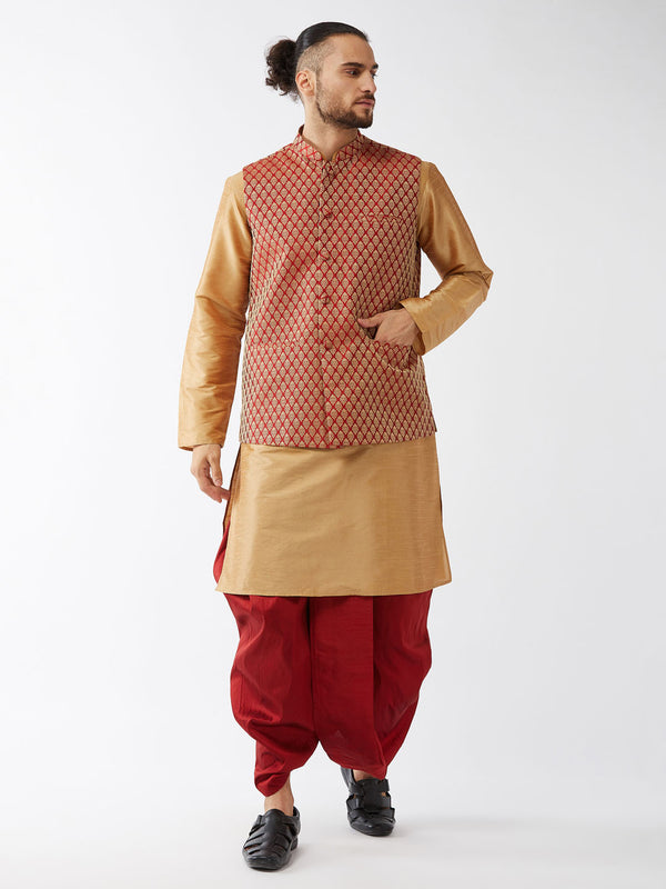 VM by Vastramay Men's Rose Gold And Maroon Silk Blend Jacket, Kurta And Dhoti Set - Distacart