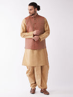 Thumbnail for VM by Vastramay Men's Rose Gold And Maroon Silk Blend Jacket, Kurta And Dhoti Set - Distacart