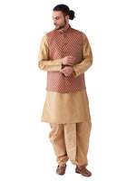 Thumbnail for VM by Vastramay Men's Rose Gold And Maroon Silk Blend Jacket, Kurta And Dhoti Set - Distacart