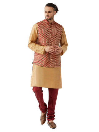 Vastramay Men's Rose Gold And Maroon Silk Blend Jacket, Kurta and Pyjama Set - Distacart