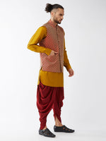 Thumbnail for VM by Vastramay Men's Mustard And Maroon Silk Blend Jacket, Kurta And Dhoti Set - Distacart