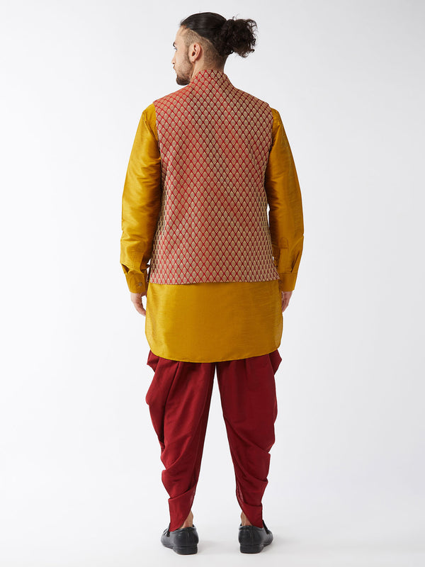 VM by Vastramay Men's Mustard And Maroon Silk Blend Jacket, Kurta And Dhoti Set - Distacart