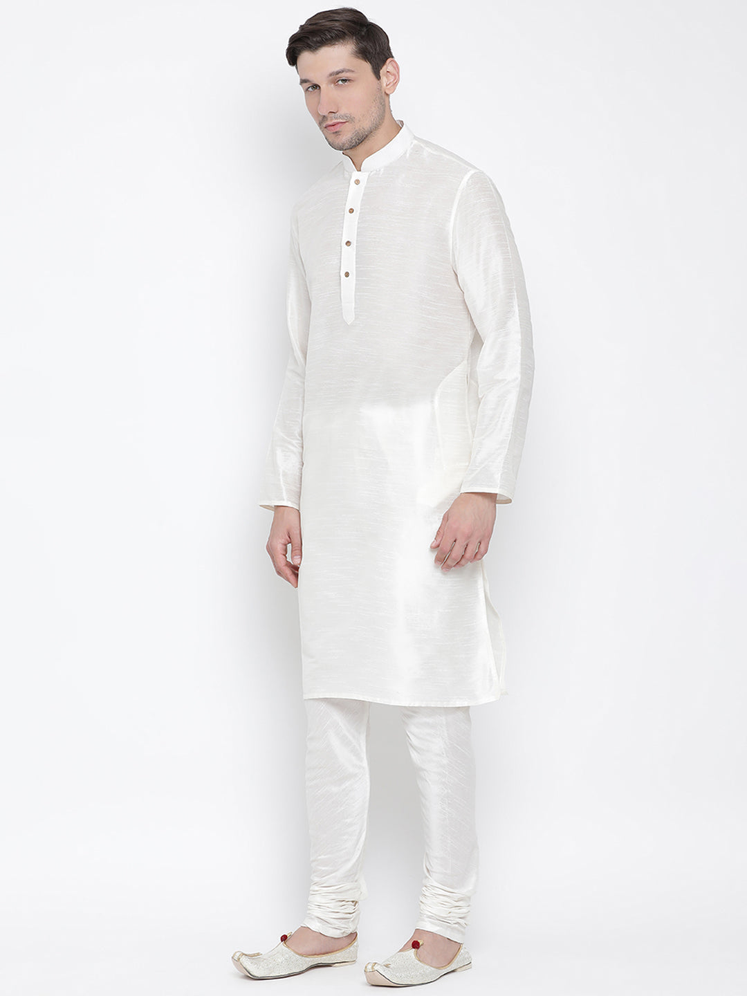 Vastramay Men's White Silk Blend Kurta Pyjama Set - Distacart