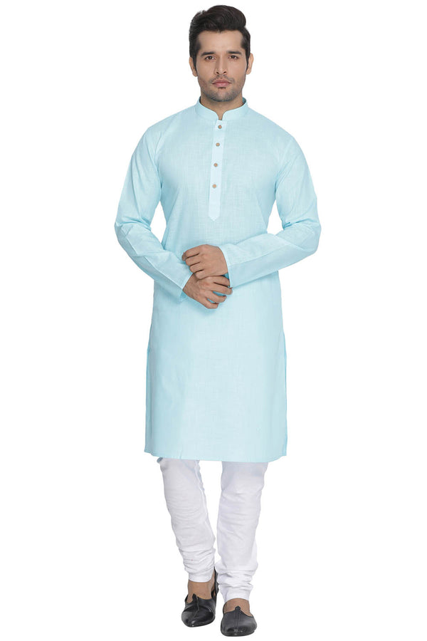 Vastramay Men's Light Blue Cotton Linen Blend Kurta Pyjama Set - Distacart