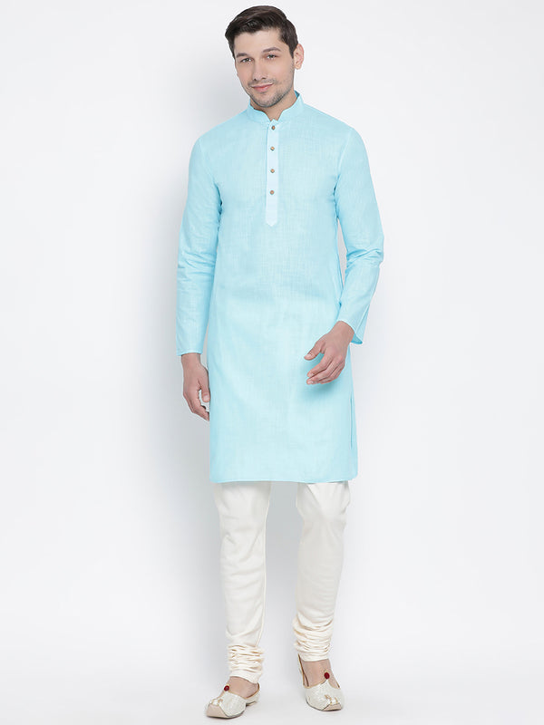 Vastramay Men's Light Blue Cotton Linen Blend Kurta Pyjama Set - Distacart